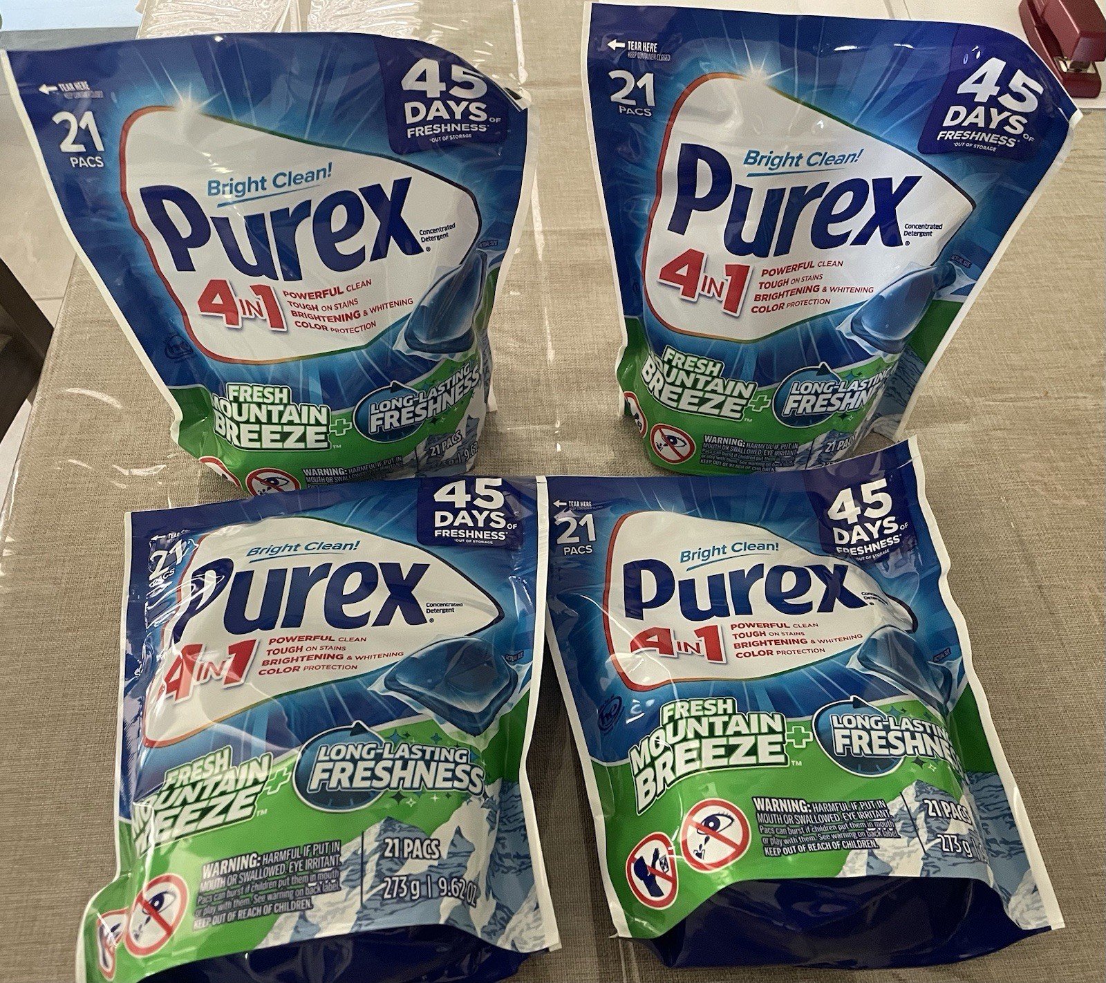 LOT (4) PUREX 4 IN 1 LAUNDRY DETERGENTS PACS MOUNTAIN BREEZE TOTAL 84 PACS