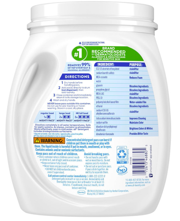 All Mighty Pacs Laundry Detergent Free Clear for Sensitive Skin Tub, 60 Count