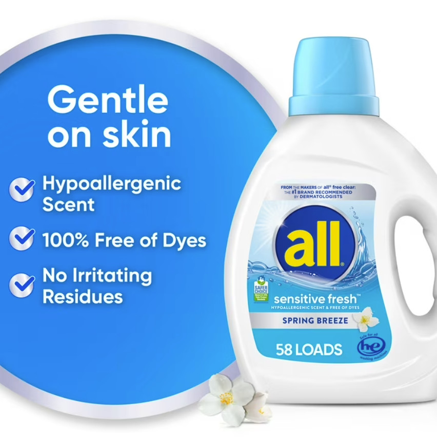 3P all Sensitive Fresh Liquid Laundry Detergent, Spring Breeze, 73 oz, 58 Loads