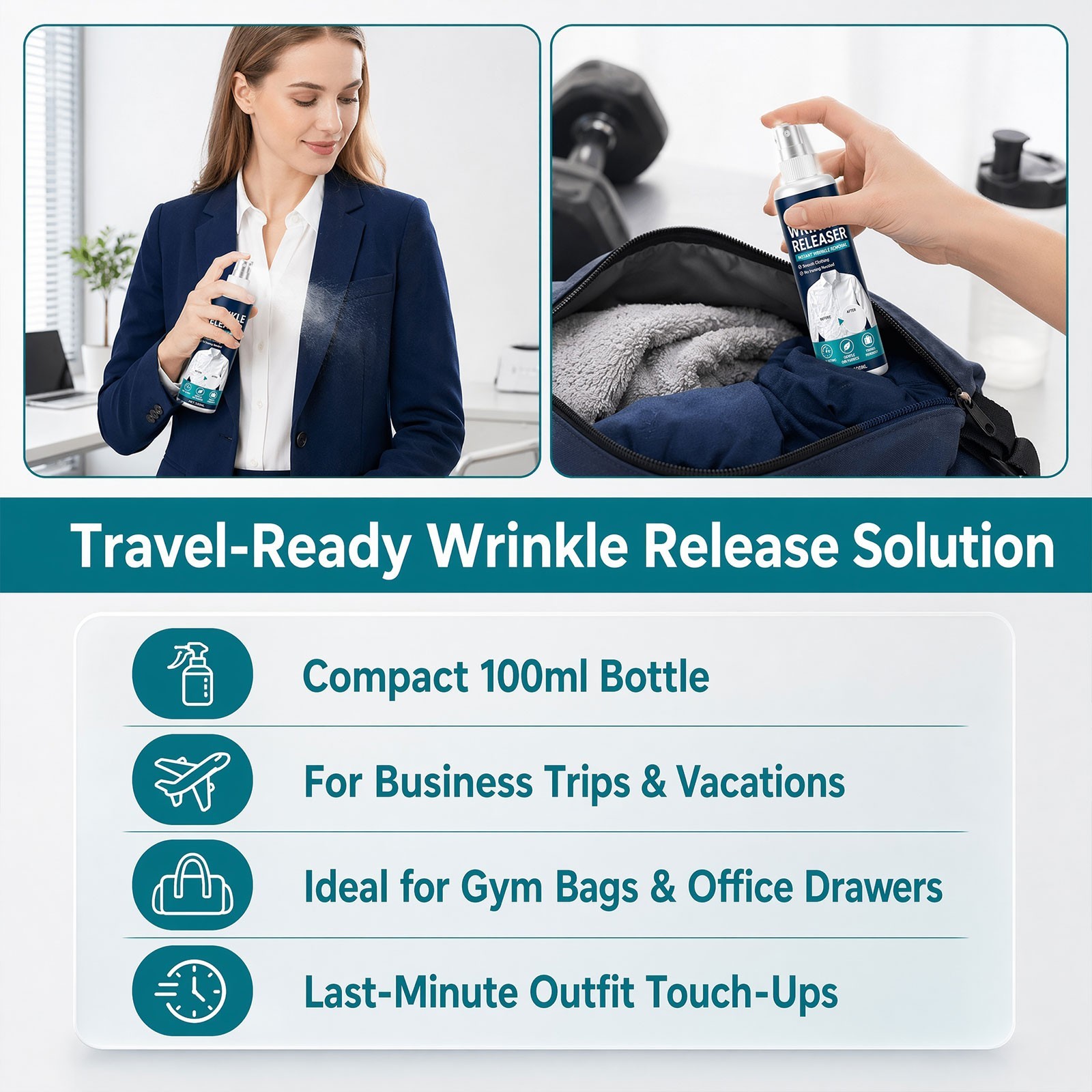 100ml Travel Wrinkle Release Spray,Fabric Refresher No Iron for Shirts & Dresses