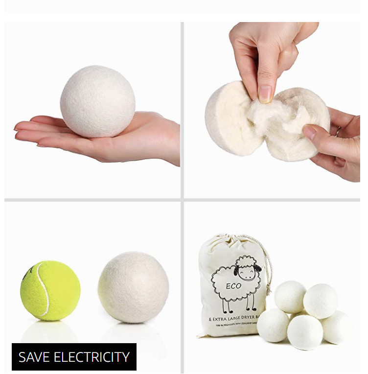 6 XL Wool Dryer Balls Natural Fabric Softener 100% Organic+ reusable bag