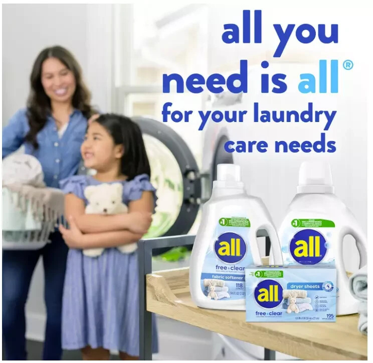 All Fabric Softener Dryer Sheets for Sensitive Skin, Free Clear, 195 Count