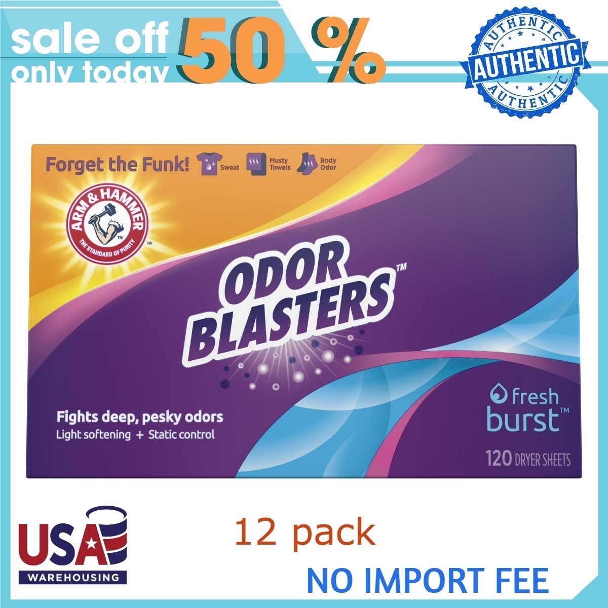 (12 pack) Arm & Hammer Odor Blaster Dryer Sheets, Fresh Burst, 120 Count