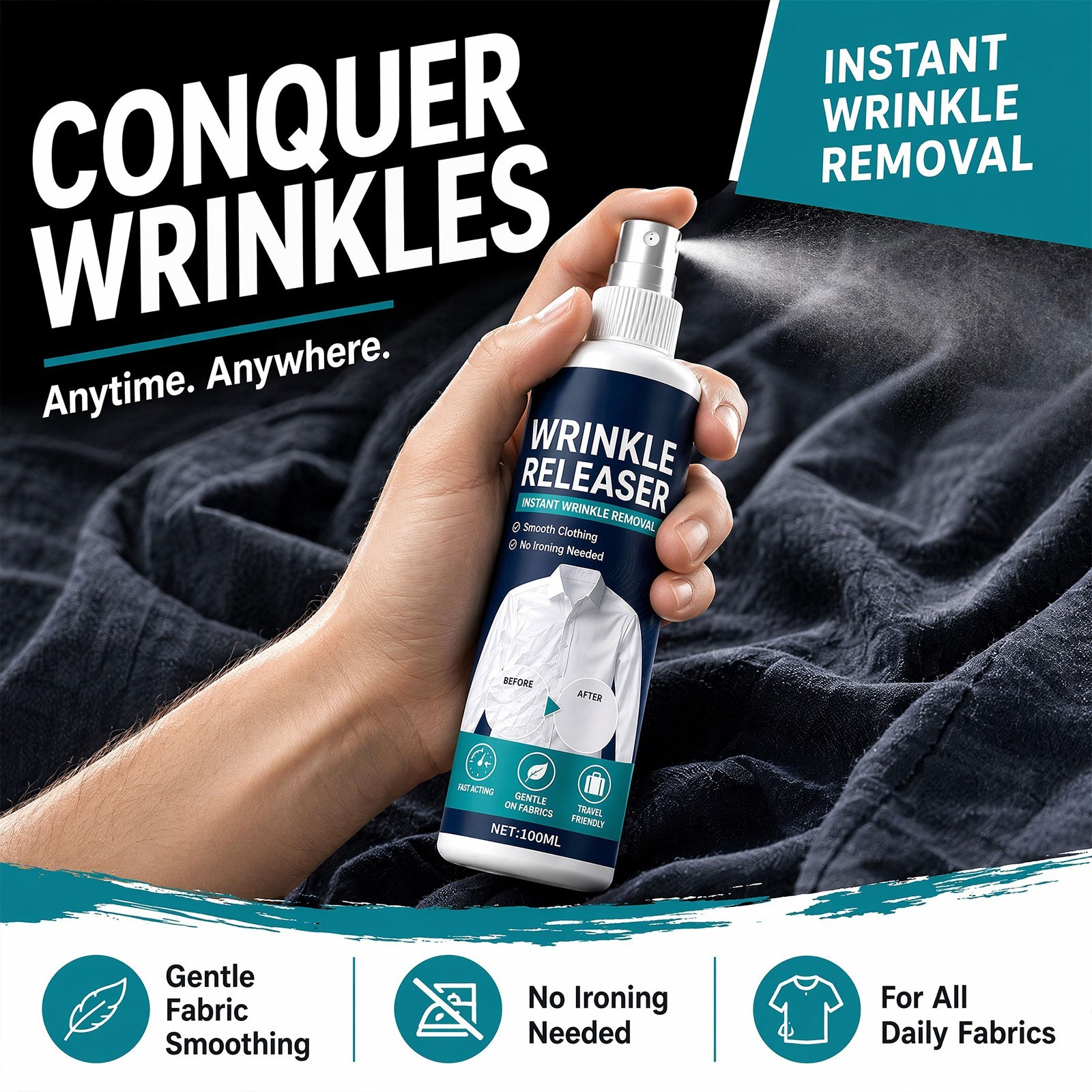 100ml Travel Wrinkle Release Spray,Fabric Refresher No Iron for Shirts & Dresses