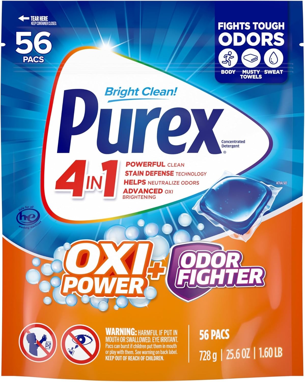 Purex 4-in-1 Laundry Detergent Pacs Oxi Power Odor Fighting 82.5oz