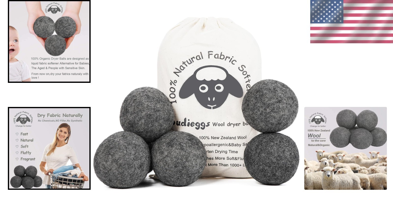 Wool Dryer Balls Dark Grey XL 6-Pack, 100% New Zealand Organic Fabric Softener f