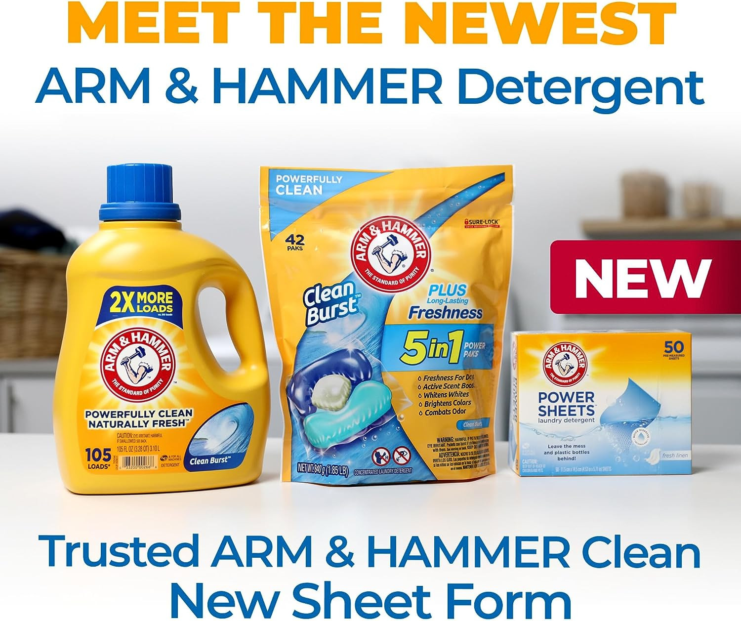 Arm & Hammer Power Sheets Laundry Detergent, Fresh Linen 50Ct, up to 100 Small
