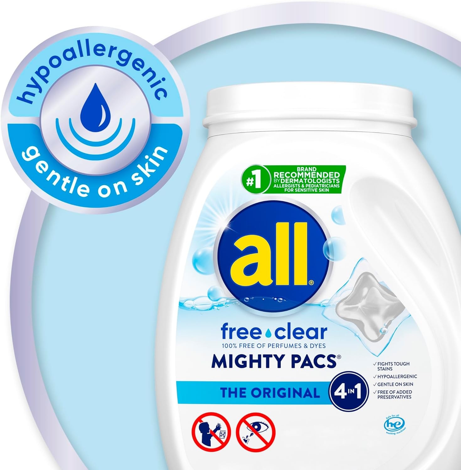 All Mighty Pacs Laundry Detergent, Free Clear for Sensitive Skin, Tub, 60…
