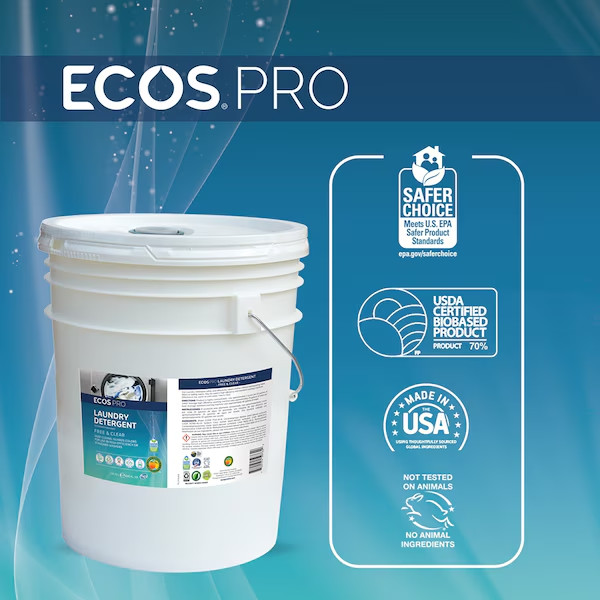 Ecos Laundry Detergent, Free and Clear (He), Clear Liquid, Unscented, 5 Gal