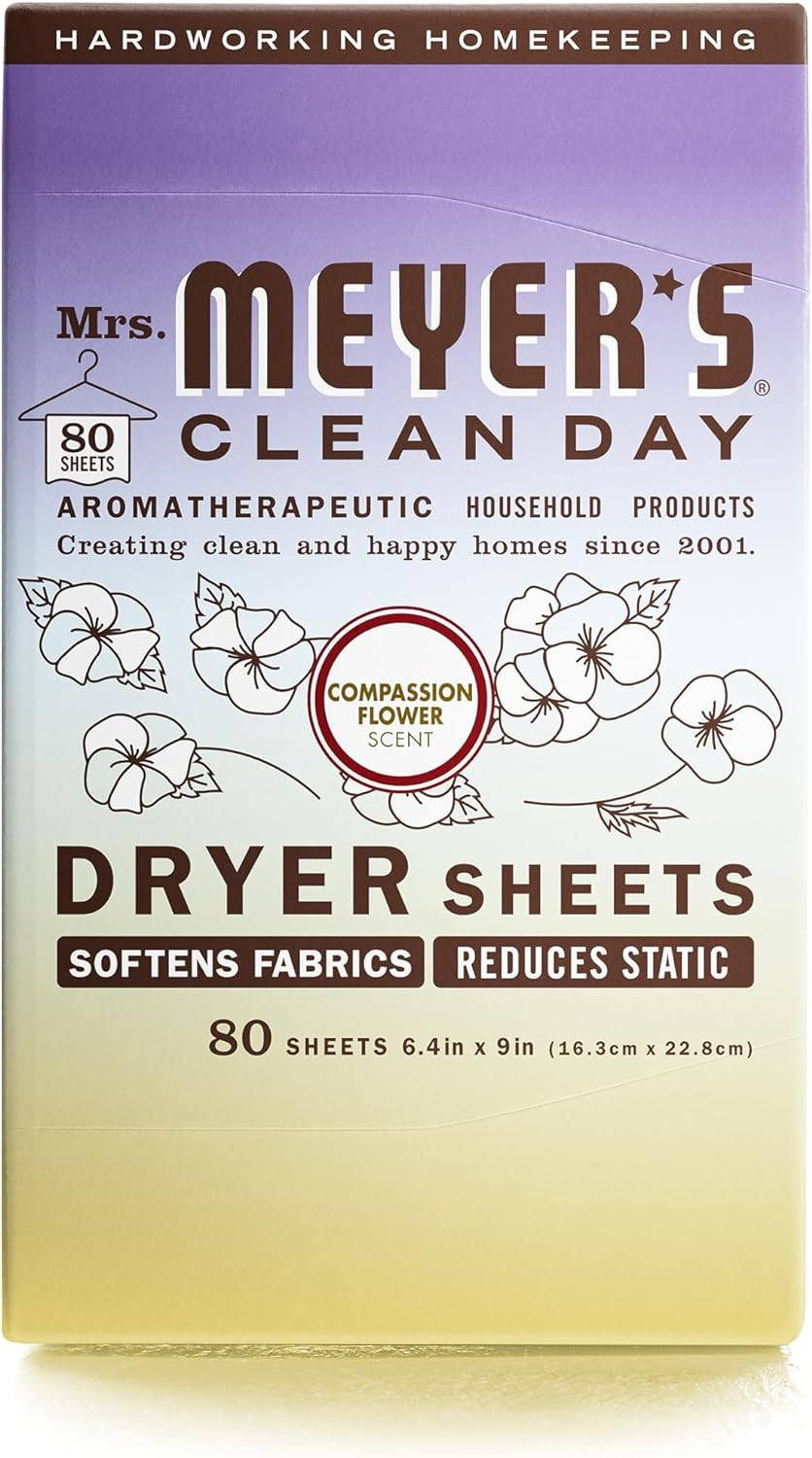Mrs. Meyer’s Clean Day Dryer Sheets, Fabric Softener, Compassion Flower 80 Count