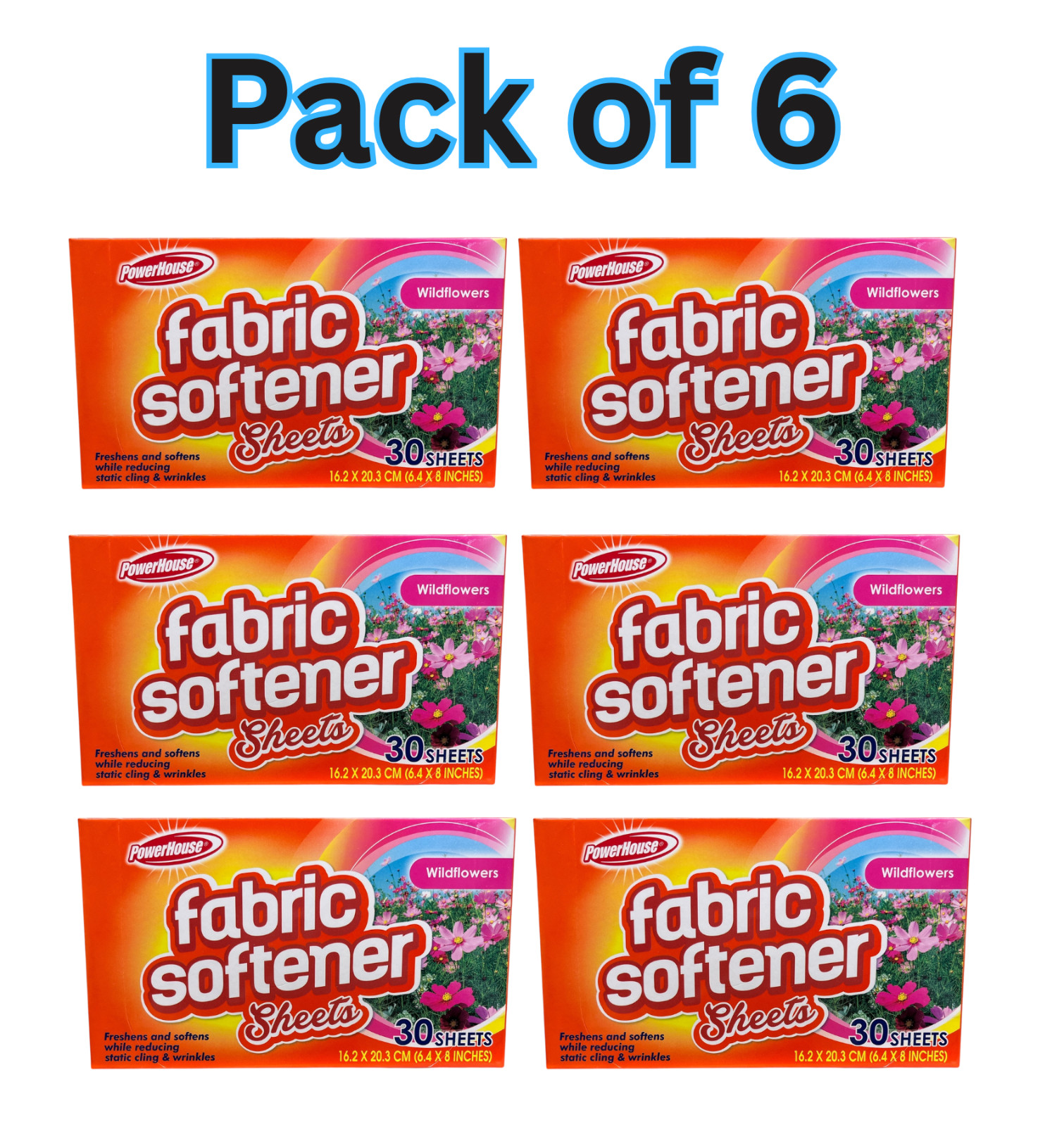 PowerHouse Fabric Softener Dryer Sheets, Wildflowers Scent, Static & Wrinkle 6pk