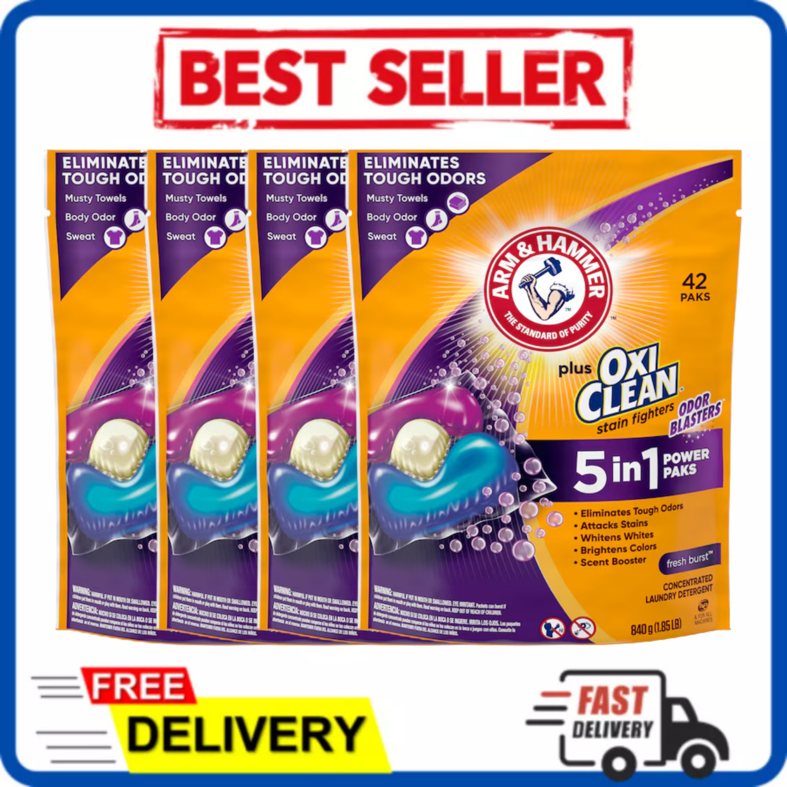 4 Pack Arm and Hammer Laundry Detergent Pacs Fresh Burst 42 Count 126 Loads HE