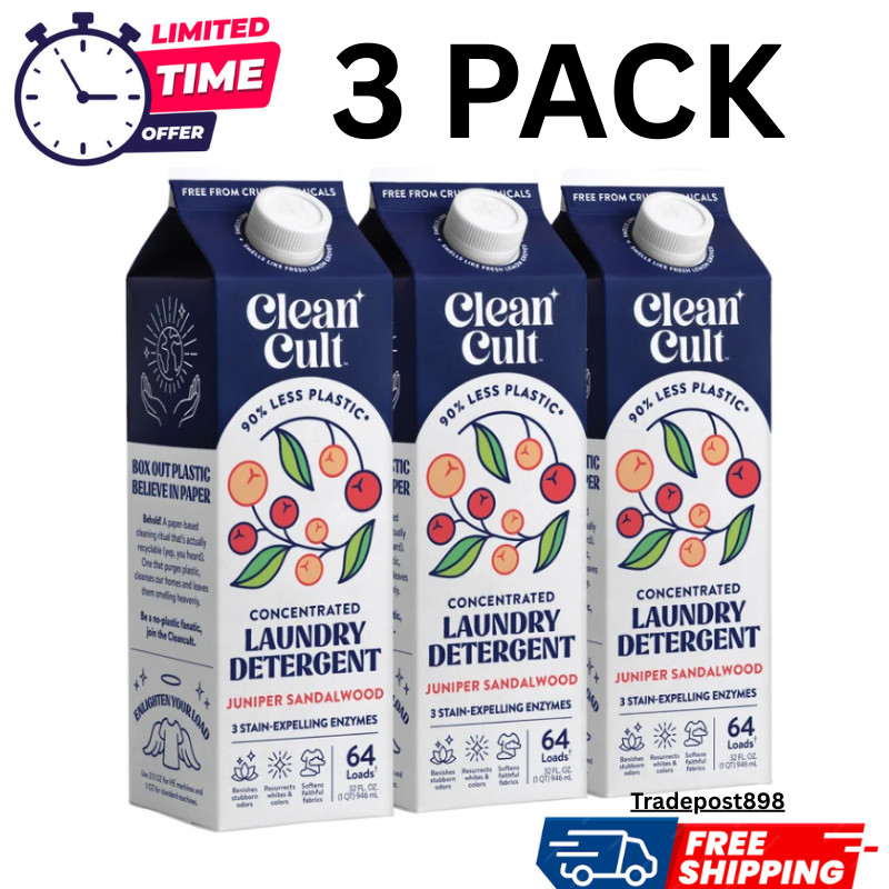 Cleancult Liquid Laundry Detergent Juniper Sandalwood 192 Loads, 96 Fl Oz 3 Pack