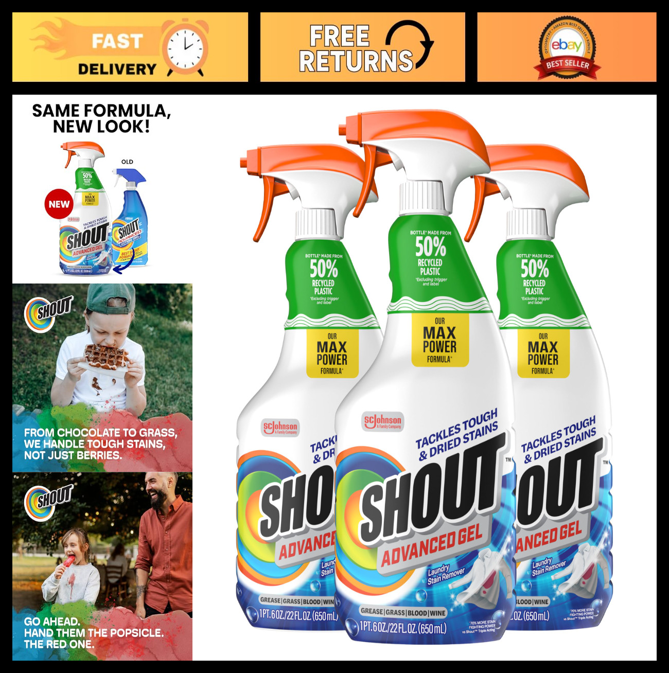 Advanced Laundry Stain Remover Gel – Breaks Down Tough Stains, 22oz, 3-Pack