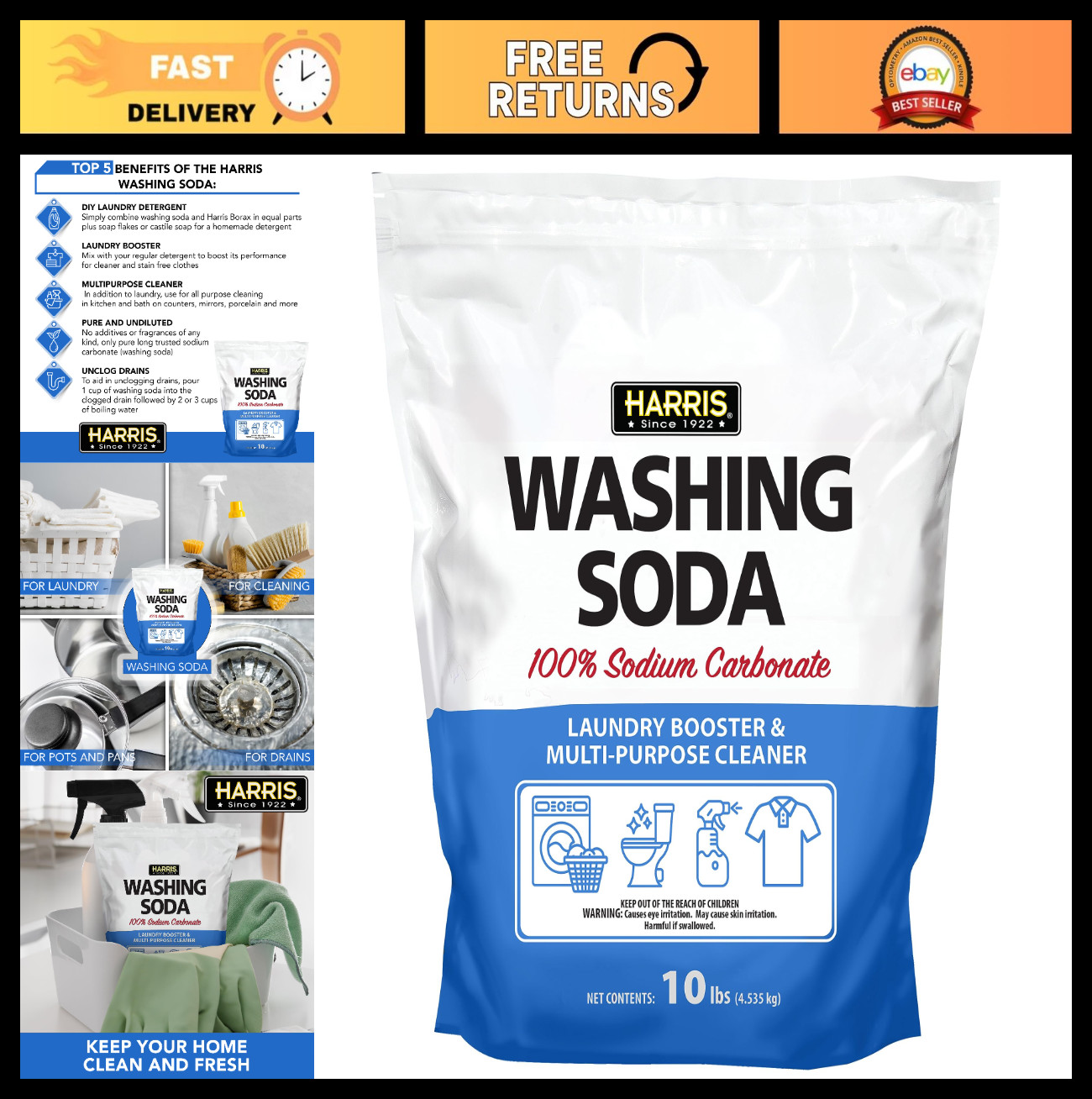 Laundry Booster Washing Soda, Sodium Carbonate, 10lb – Fragrance-Free Multipurpo