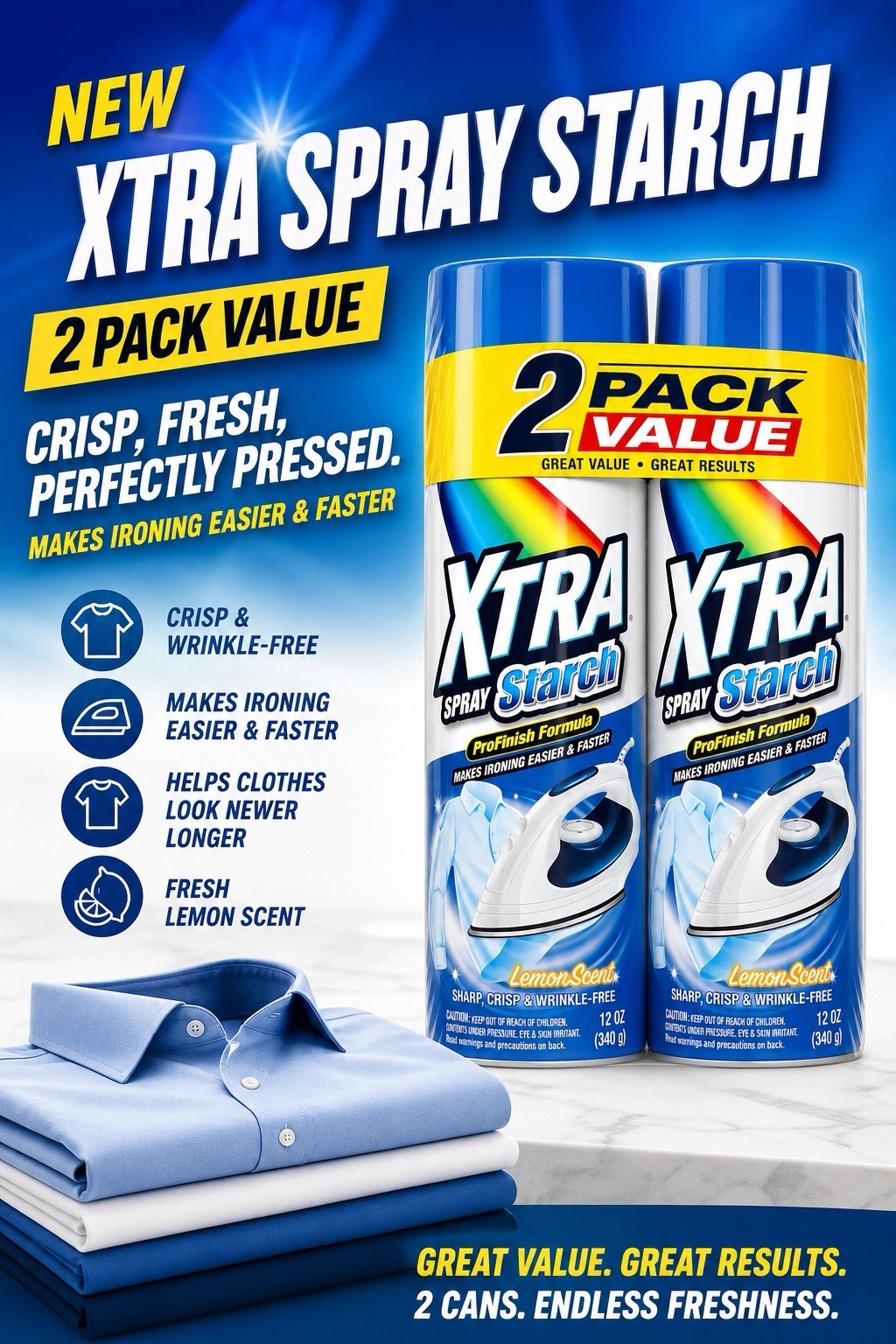 XTRA SPRAY STARCH LEMON SCENTED PRO FINISH FORMULA 12oz 2 PK 🔹
