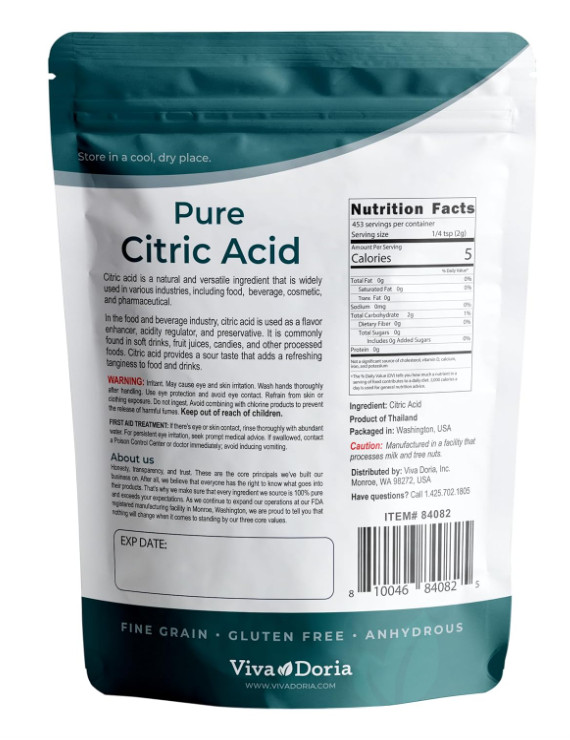 100% Pure Citric Acid, Food Grade, Fine Grain, 2 Lb (907 G)