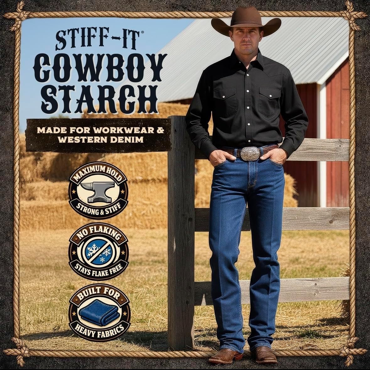 Western Cowboy Starch for Crisp and Clean Denim – Patent Formula with Leather…