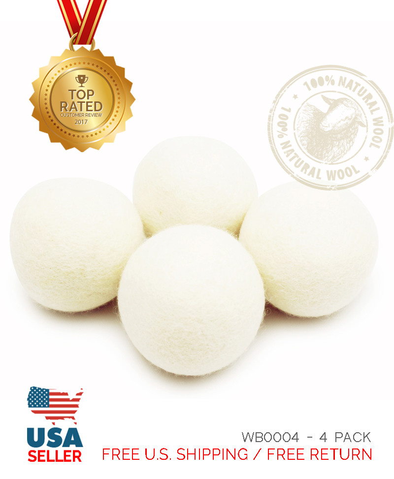 XL 4 Pack EcoJeannie Wool Dryer Balls -100% Virgin New Zealand Wool, 3″, 58 gram