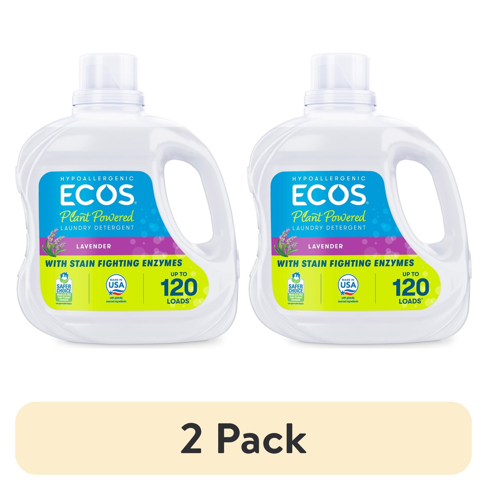 (2 pack) ECOS Hypoallergenic Liquid Laundry Detergent for Sensitive Skin, Lavend