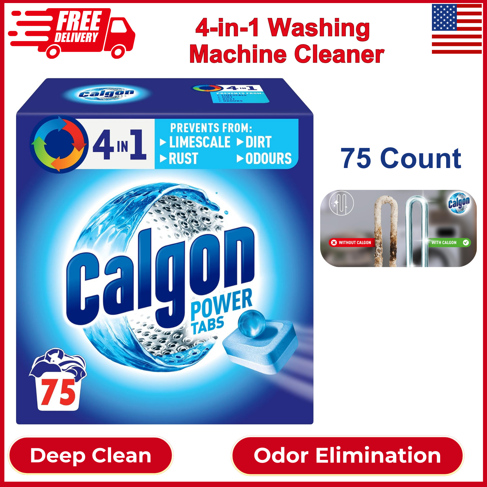 Calgon 4-in-1 Washing Machine Cleaner And Water Softener Tablets, 75 Ct, XL Size
