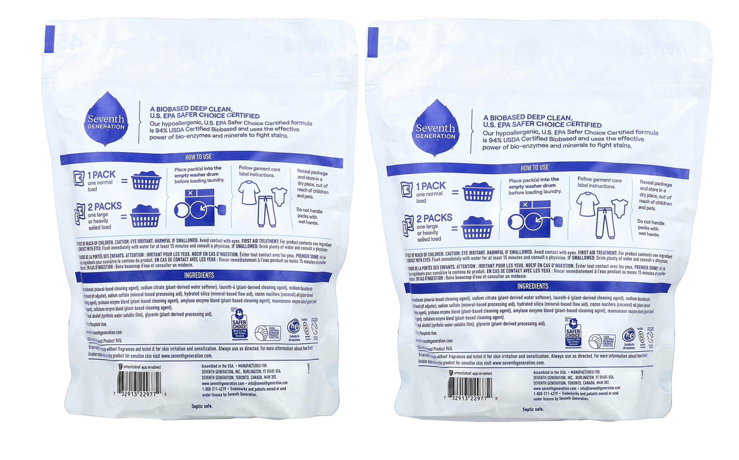 Seventh Generation Laundry Detergent Packs Fights Stains USDA Certified 2 Pack