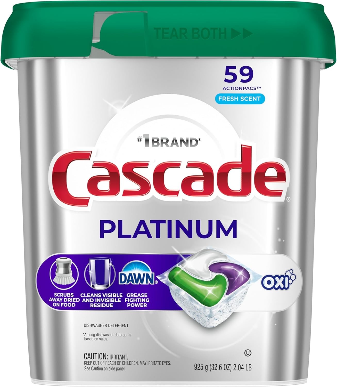 Cascade Platinum + Oxi Dishwasher Pods, Fresh Scent Detergent Soap, 59 Count