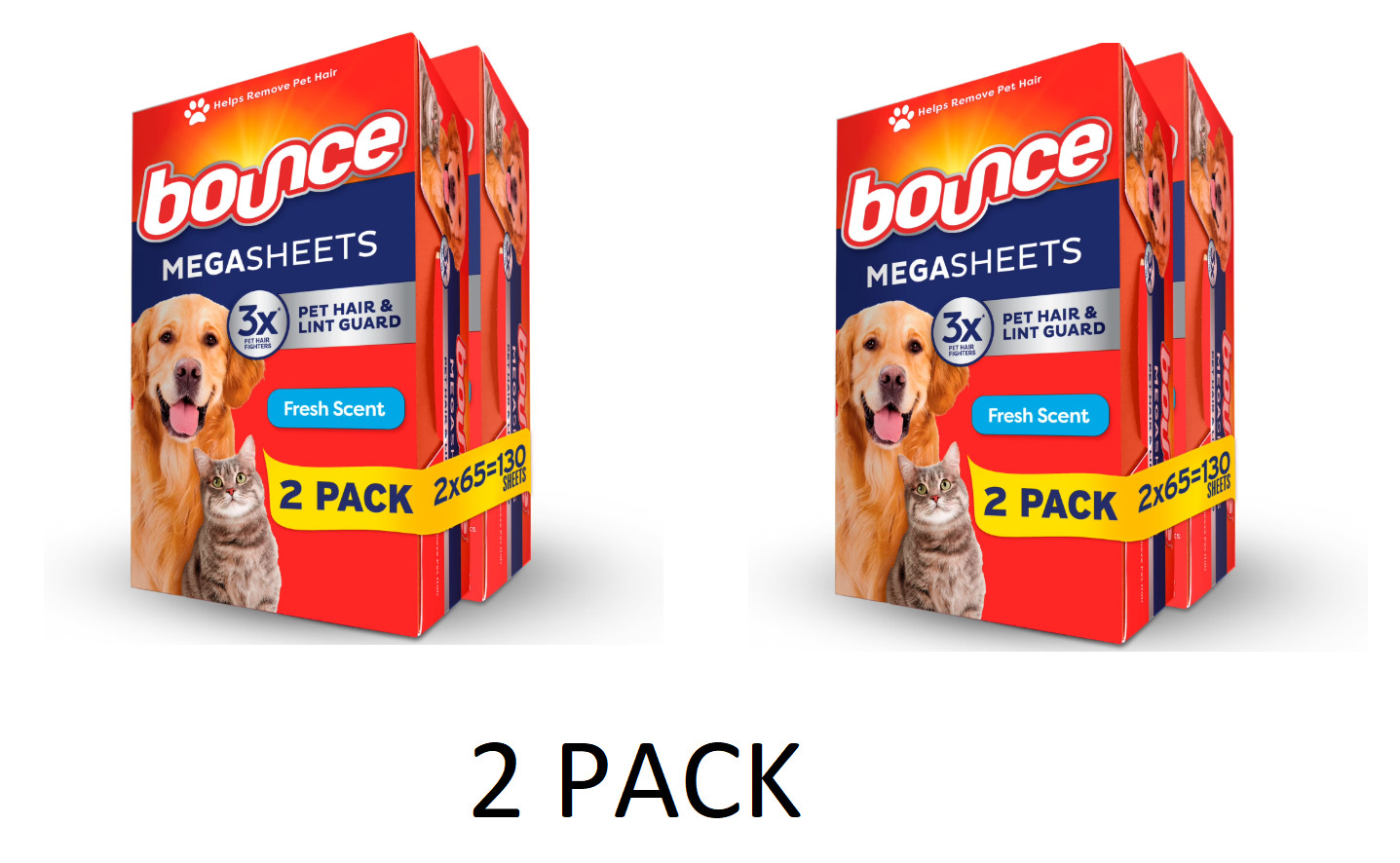 2 PACK bounce Pet Hair & Lint Guard MEGA DRYER SHEETS with 3X Pet Hair Fighter