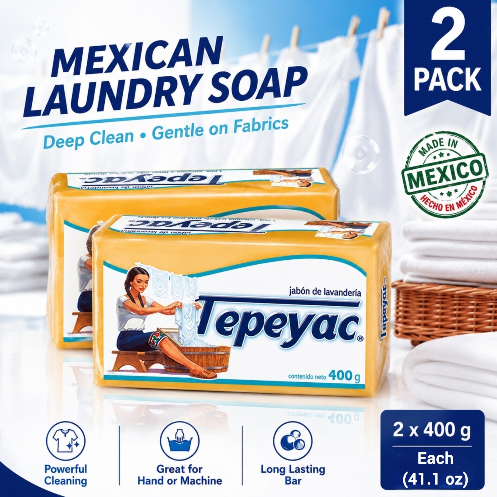X 2 Tepeyac Jabón de Barra 🧼 400g / Tepeyac Laundry Soap Bar 14.01oz