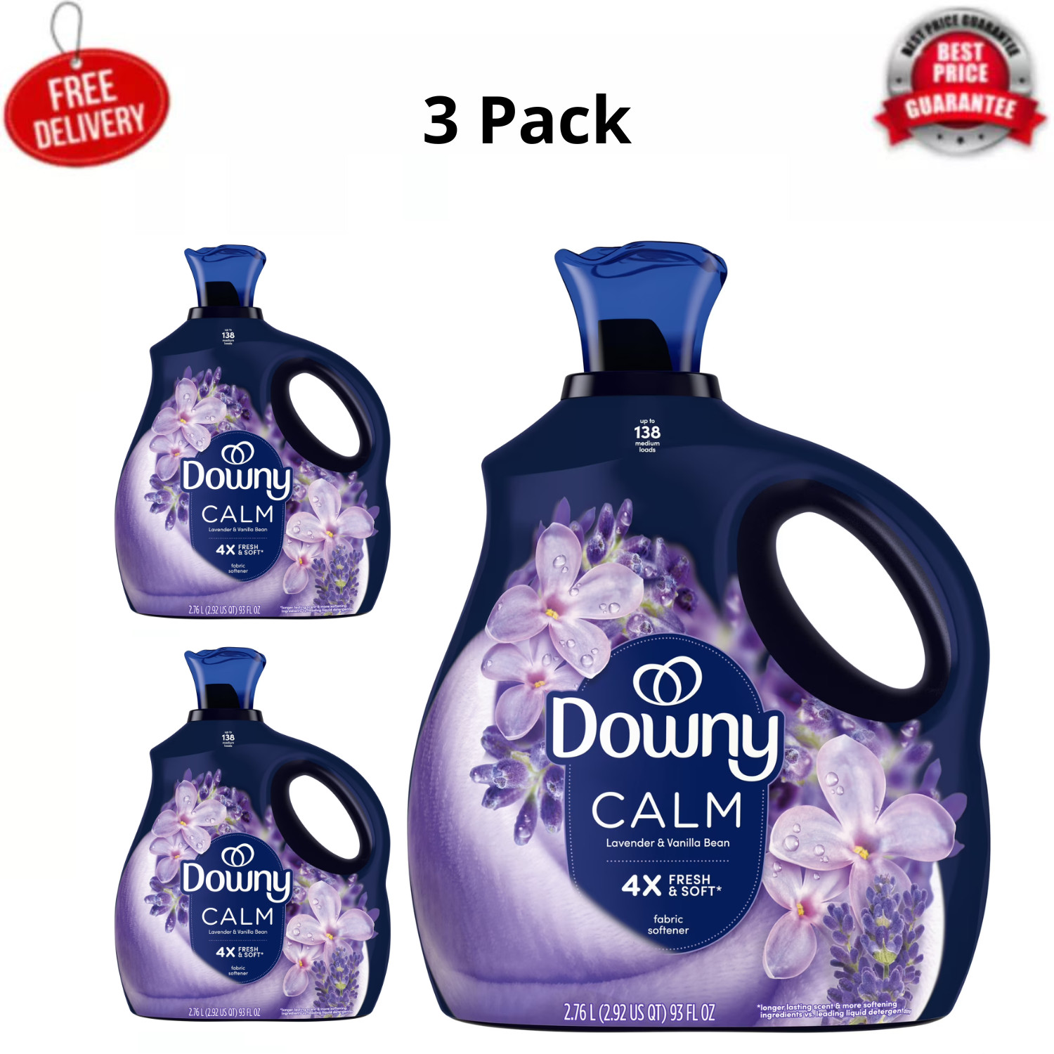 3Pk Downy Ultra Soft Liquid Fabric Softener Calm Lavender Vanilla 93oz 138 Loads
