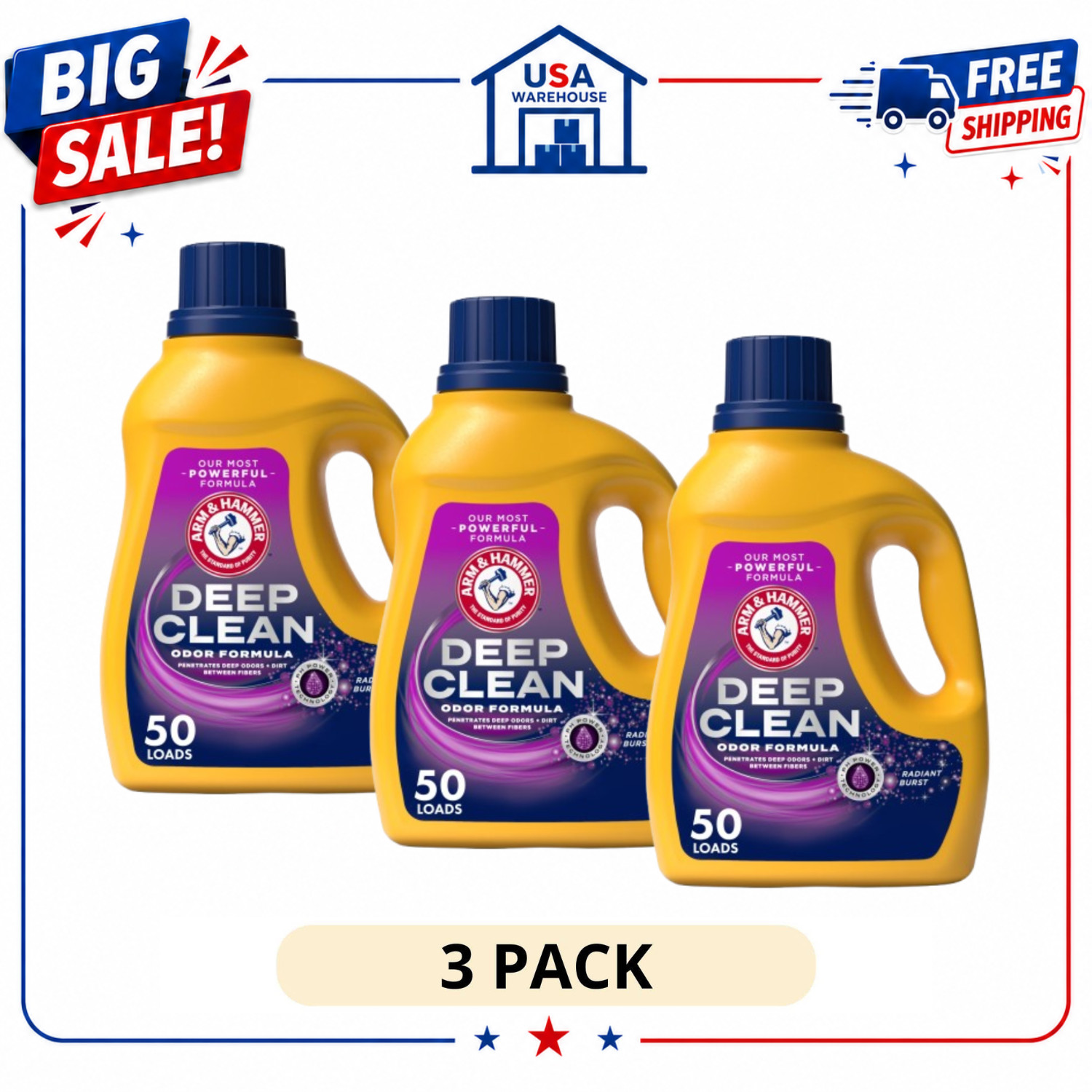 3PK ARM & HAMMER Deep Clean Odor Formula Laundry Detergent Radiant Burst, 75 oz