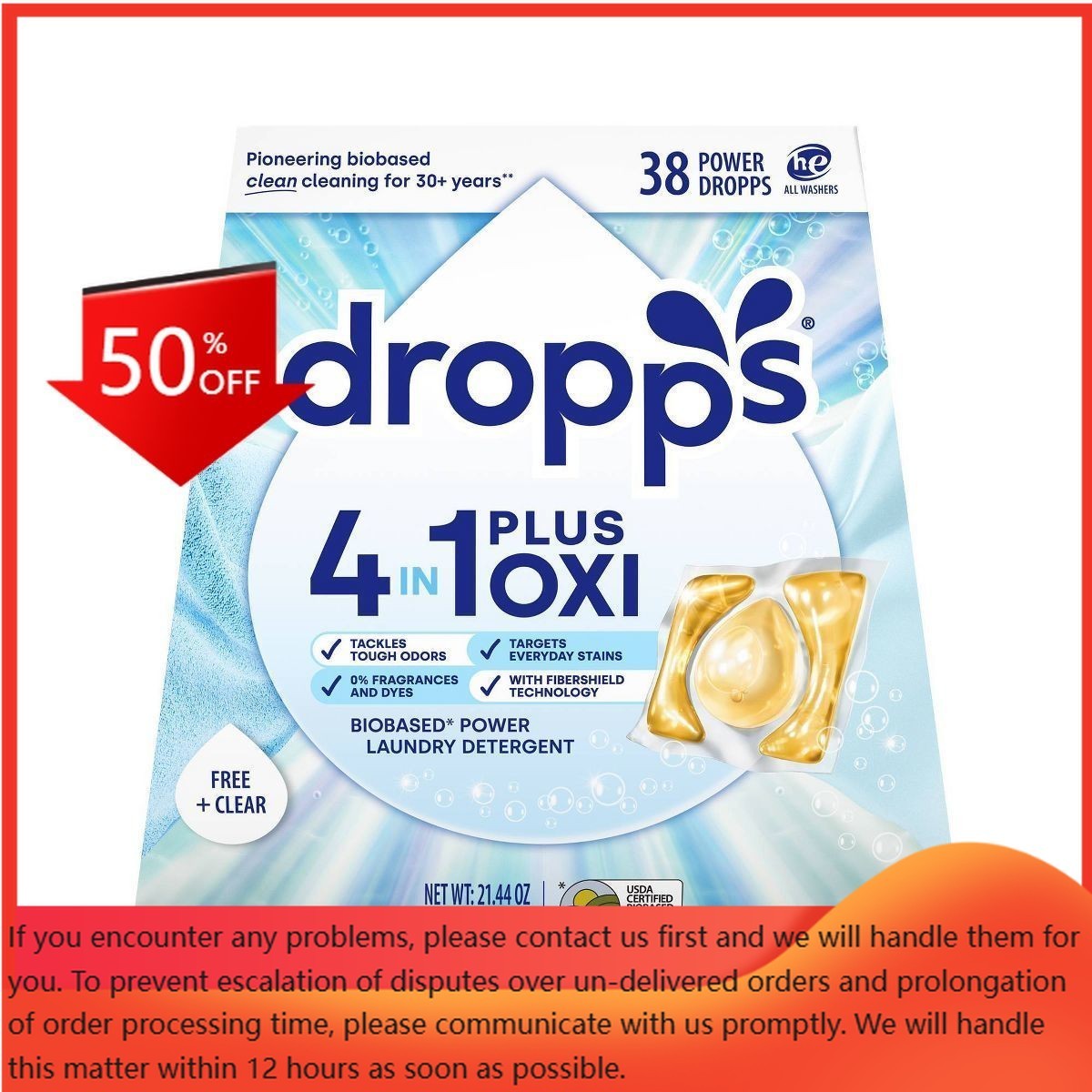 Dropps Unscented Free & Clear 4-in-1 Plus Power Detergent Pods 38 Pacs – 21.44oz