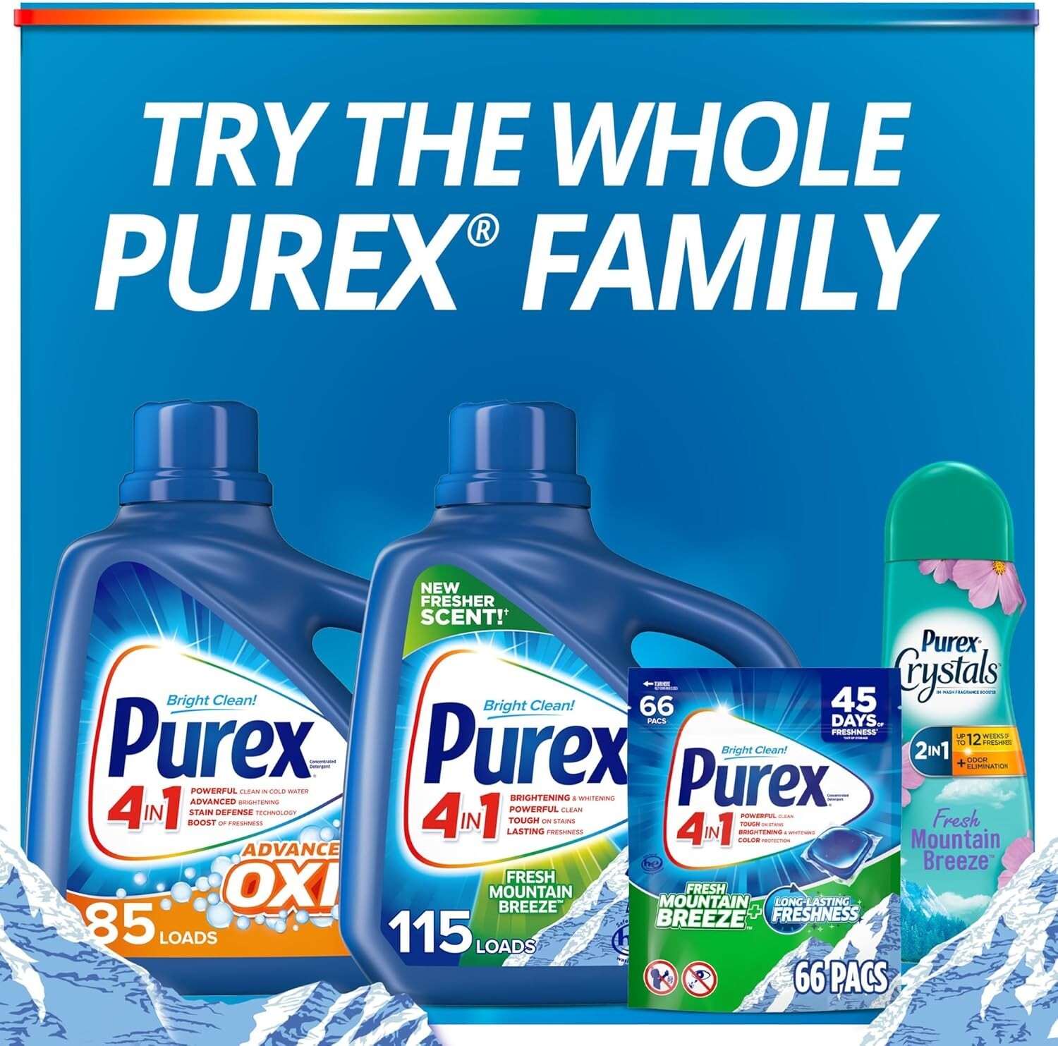 Purex 4-in-1 Laundry Detergent Pacs, Fresh Mountain Breeze, 66 Packs