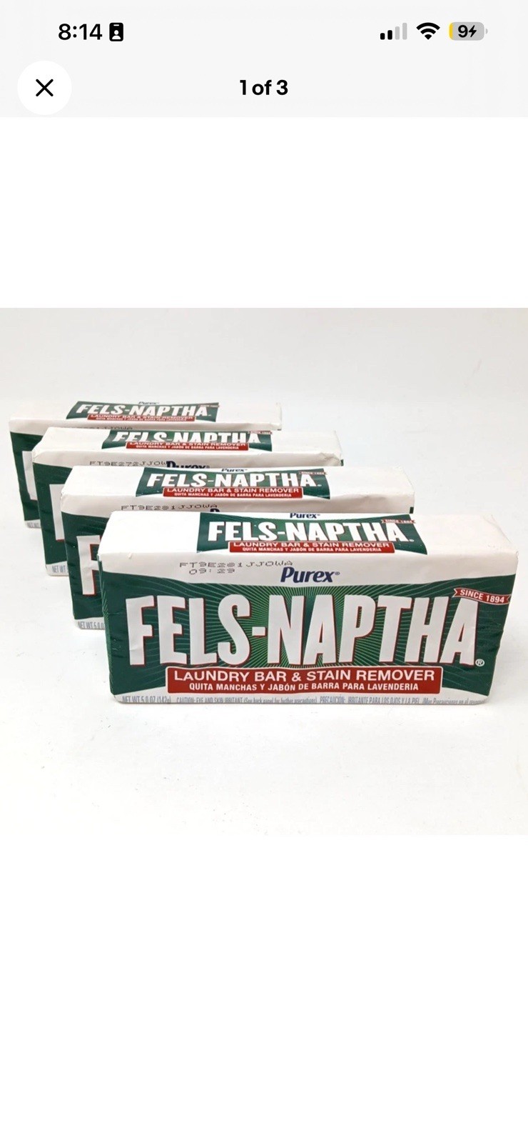 4 pack Purex Fels-Naptha Laundry Bar Stain Remover 5oz Stain Pre-Treater Booster
