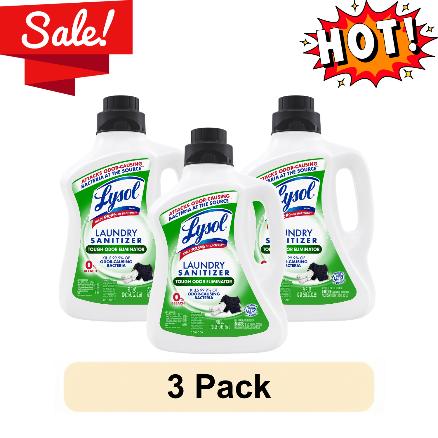 3-Pack Lysol Tough Odor Eliminator Laundry Sanitizer Liquid 90 fl oz Bottle