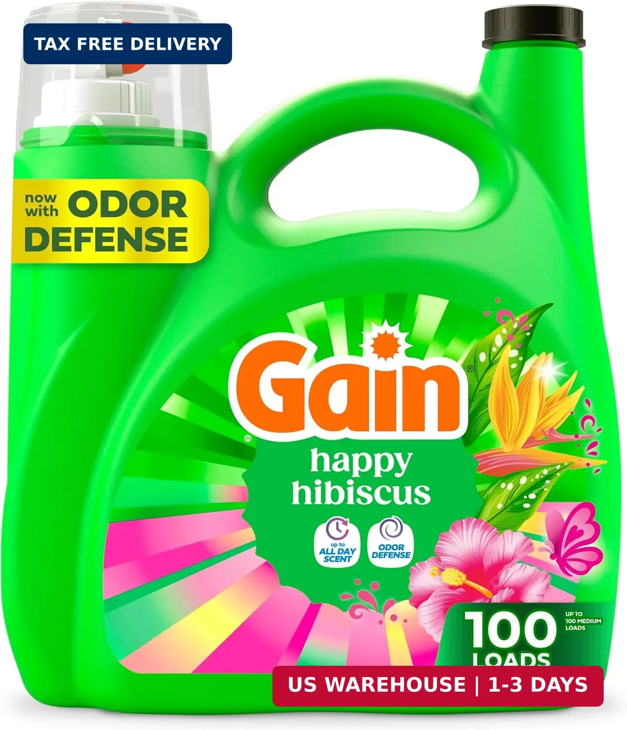 Gain Liquid Laundry Detergent, With Odor Defense, Happy Hibiscus Scent, Laundry