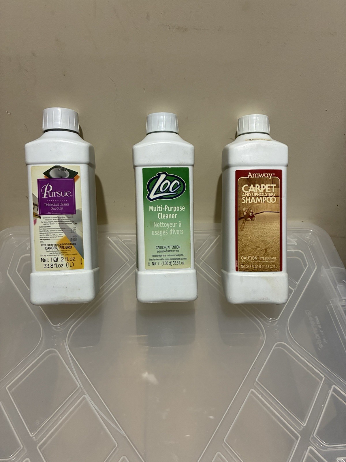 Lot Of 3 Vintage Amway Empty Bottles: Pursue, LOC, Carpet Shampoo. 1990