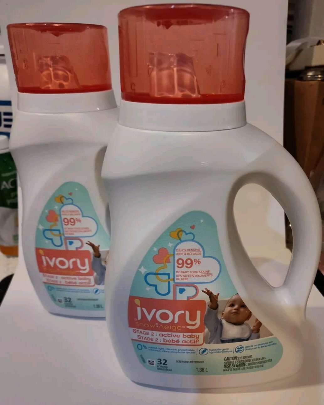 2x IVORY SNOW STAGE 2: ACTIVE BABY LAUNDRY DETERGENT 32 LOADS 45.9 OUNCES EACH