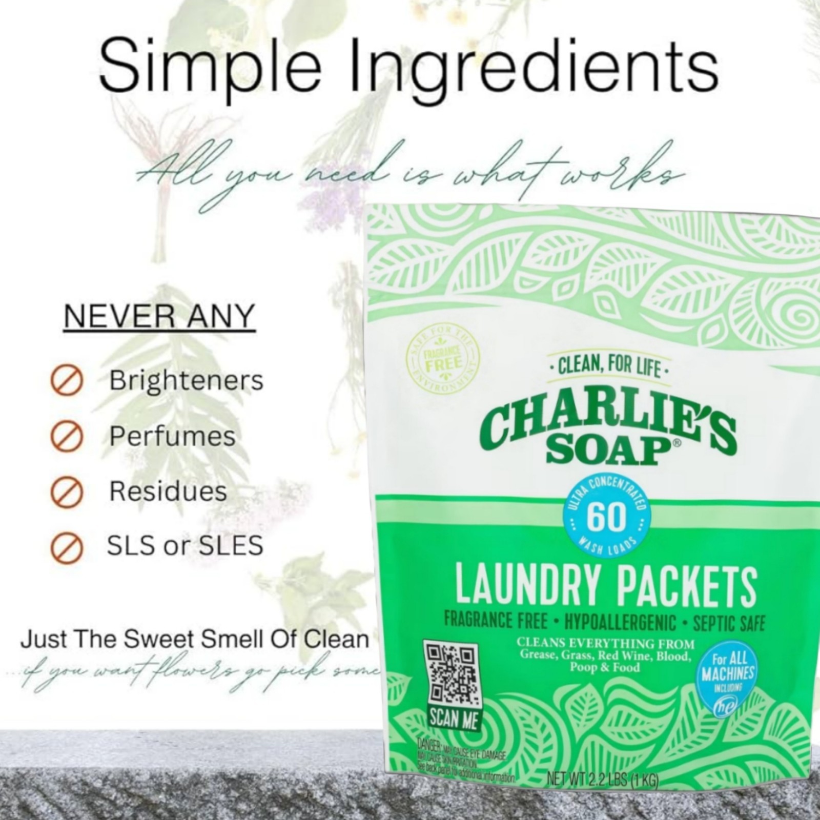 Charlie’s Soap Laundry Detergent Packets Fragrance-Free Hypoallergenic 60 Ct