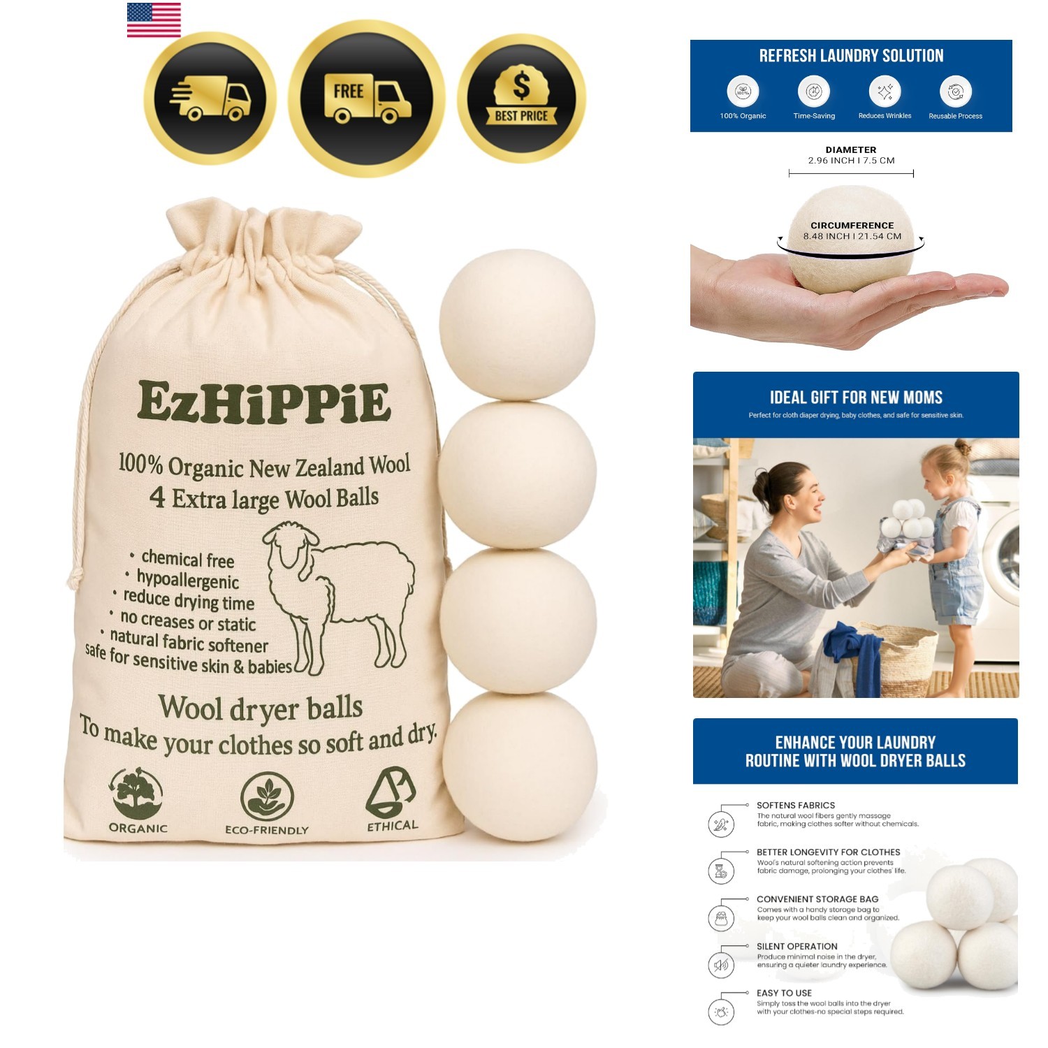 Quality Wool Dryer Balls – 4 XL Pack – 1000+ Loads – Pure Organic Wool – Reus…