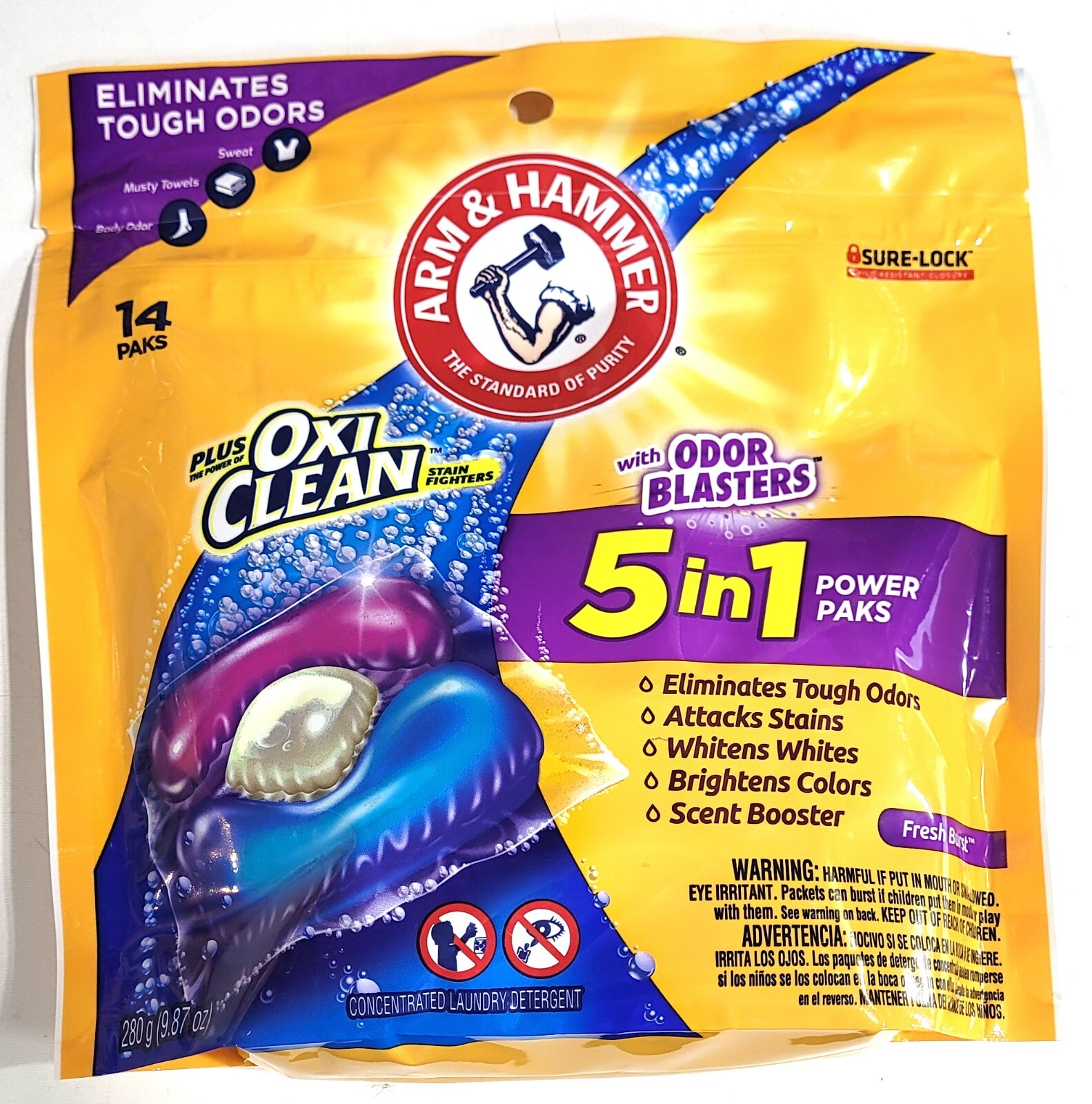 Arm & Hammer Oxi Clean w/Odor Blasters LAUNDRY DETERGENT 5-IN-1 Power Pak 4 Bags
