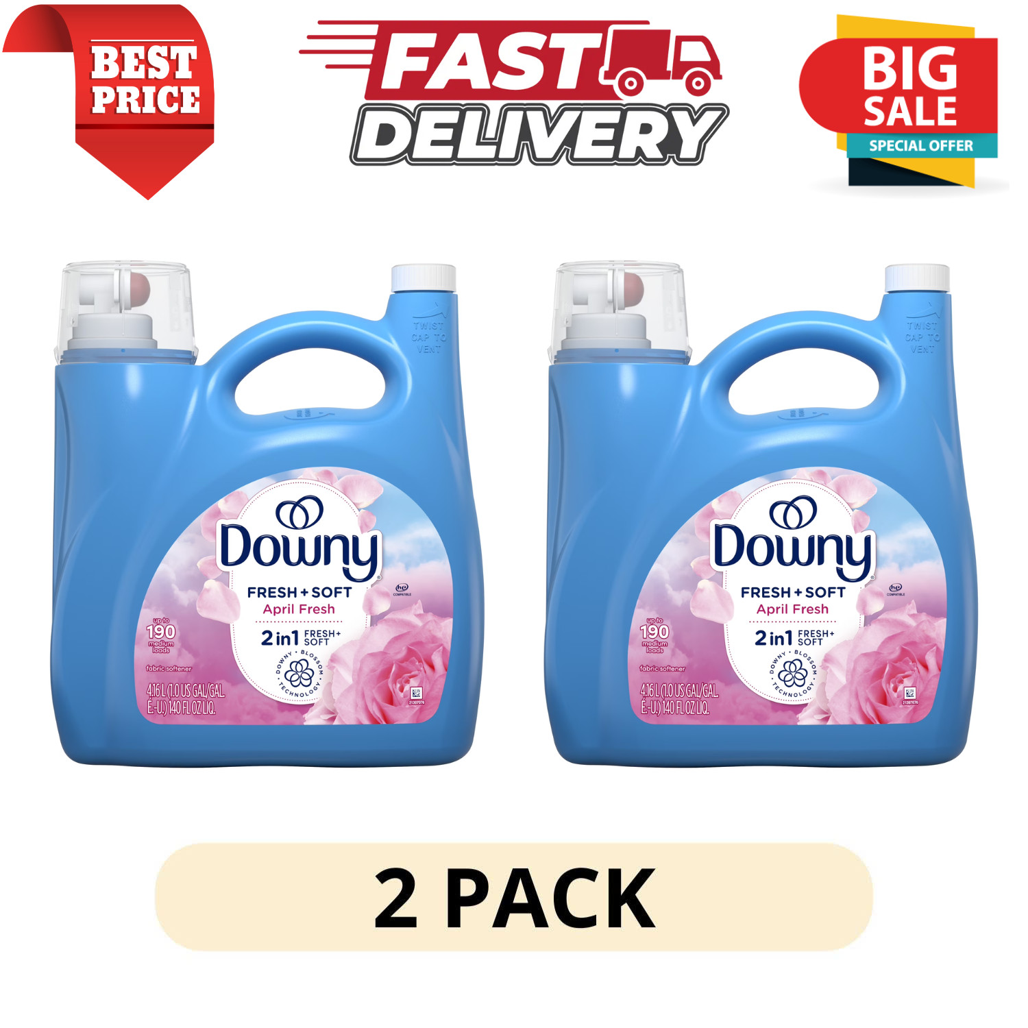 (2 Pack) Downy Liquid Fabric Softener April Fresh Scent 140 fl oz 190 Loads