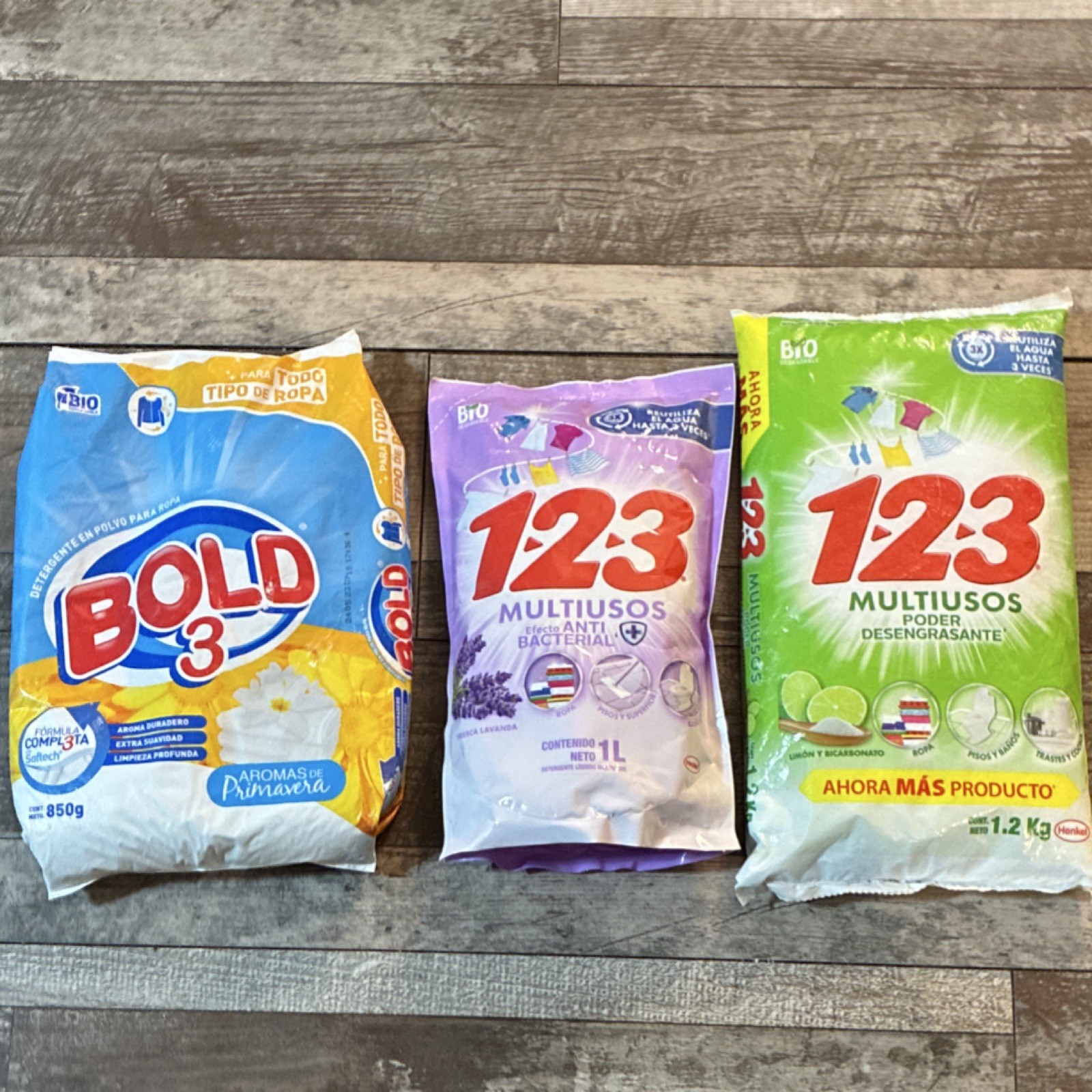 Bold 3 850g, 123 Multiusos 1L, 123 multisuos polvo Biodegradable 850g