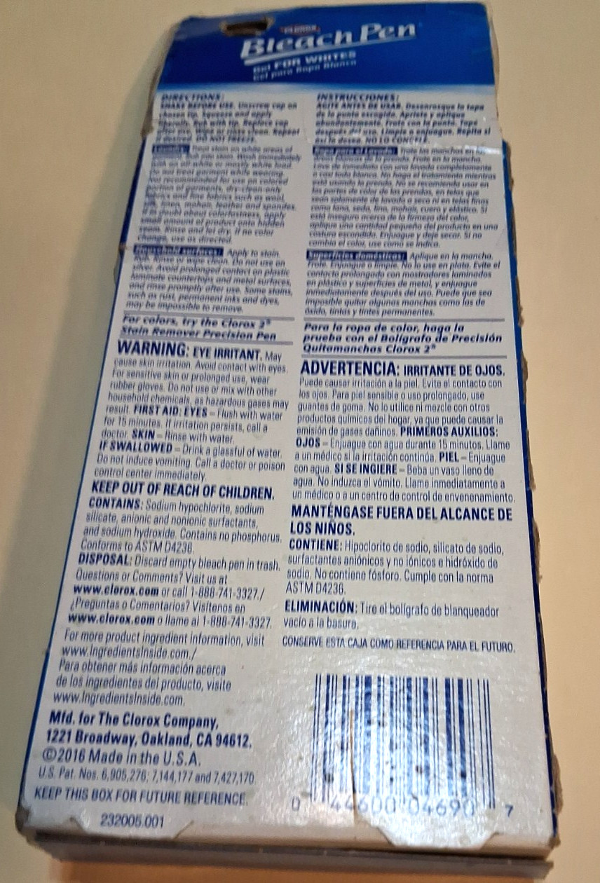 Clorox Bleach Pen Gel Laundry Household Net 2.0 Fl Oz Dual Tipped