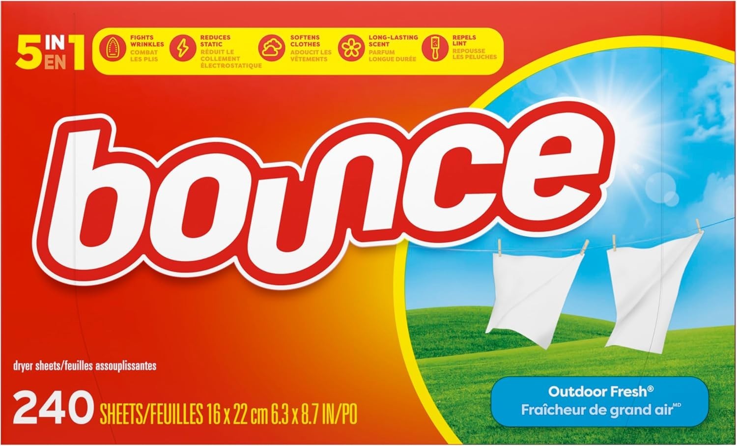 Bounce Dryer Sheets Laundry Fabric Softener Sheets , Outdoor Fresh, 240 Count