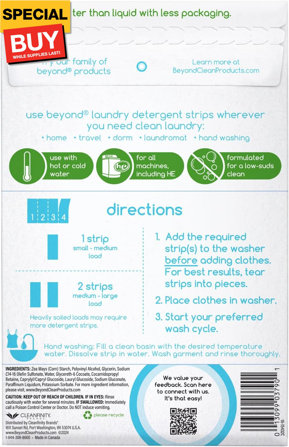 Laundry Detergent Strips [32 strips] – Free & Clear – Eco-friendly, Hypoallergen