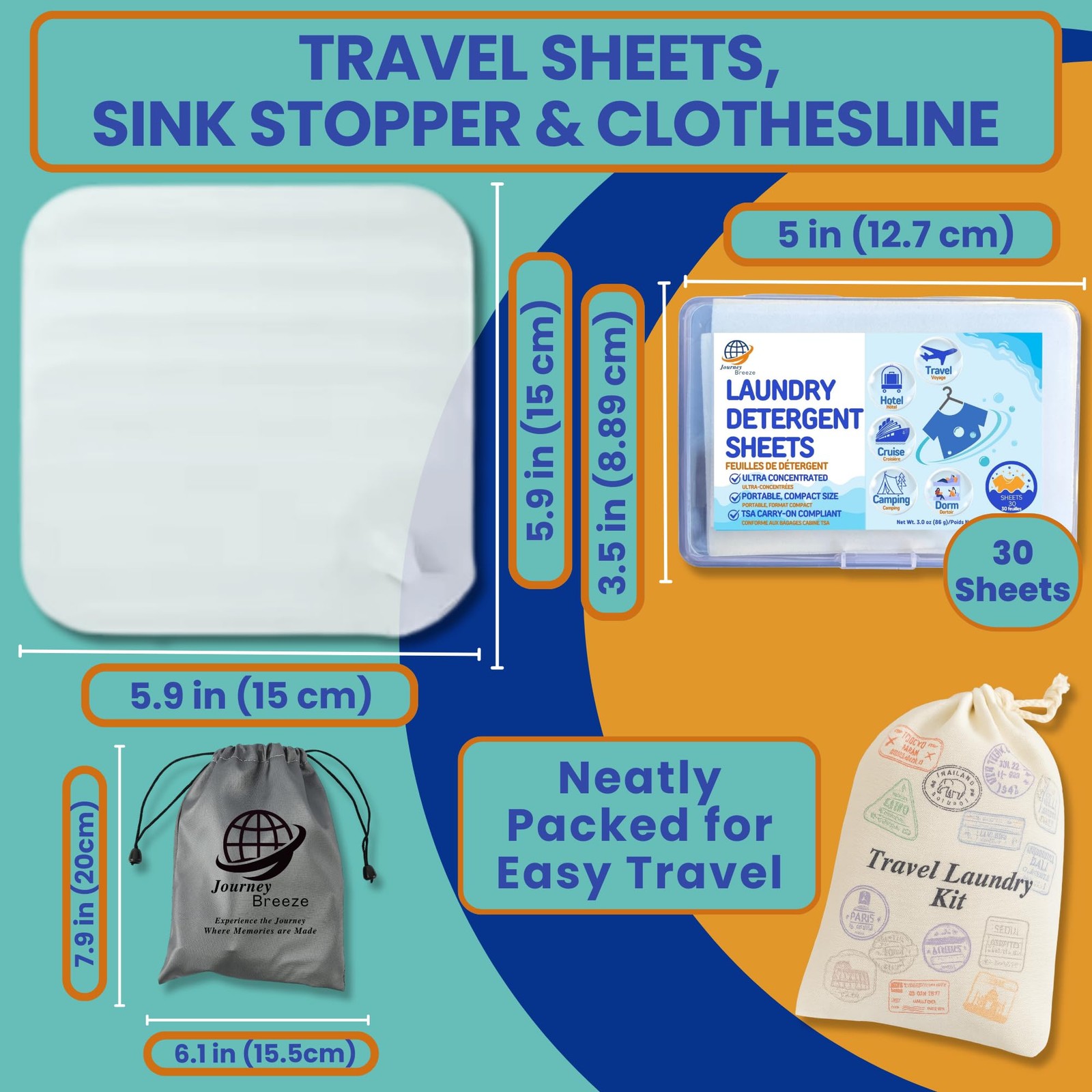 30 PCS Travel Laundry Detergent Sheets Kit Sink Machine Wash Stopper Camping