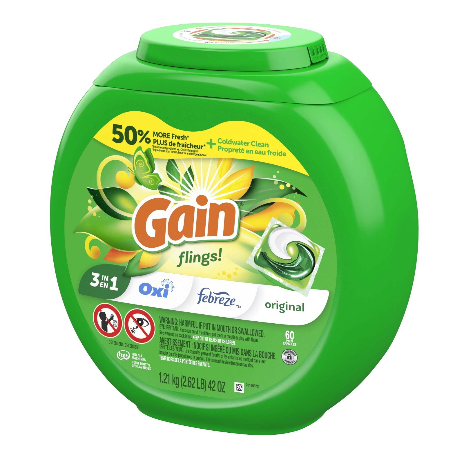 3 PACK Gain Flings Laundry Detergent Packs with Oxi Boost and Febreze, 60 Count