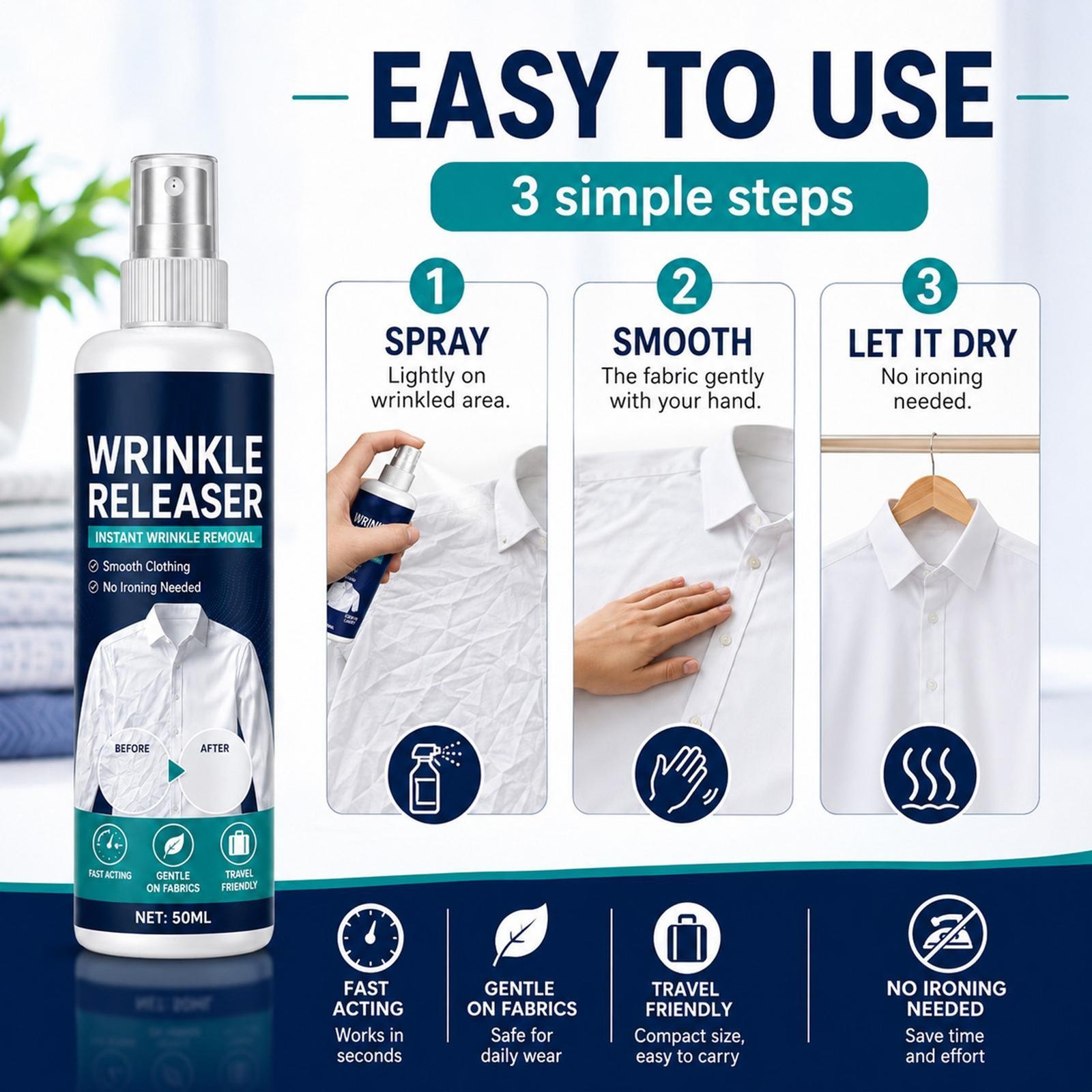 Instant Wrinkle Releaser Spray,Clothes Wrinkle Release Spray,No Iron,Anti Static