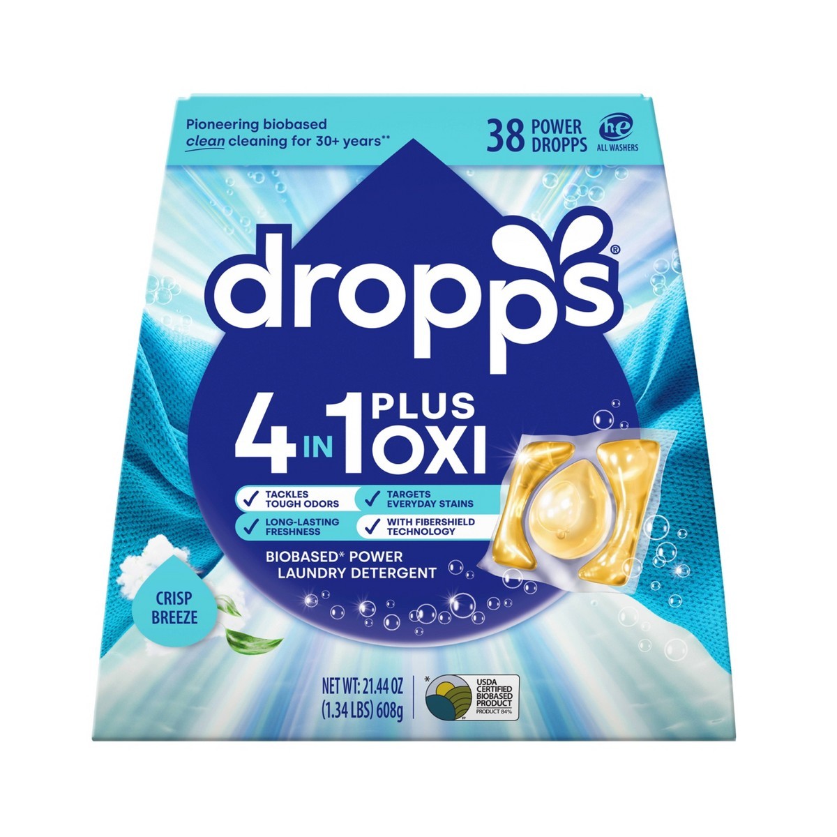 Dropps Crisp Breeze 4-in-1 Plus Oxi Laundry Pods, HE, 38 Pacs, Deep Clean